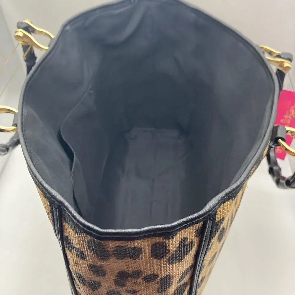 NWT Lilly Pulitzer Leopard Print Rattan Tote with Bamboo Handle